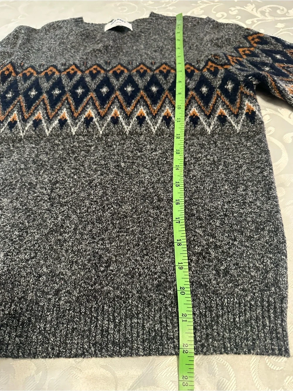 Old Navy Boy’s Charcoal Fair Isle Crewneck Sweater with Navy & Brown Pattern